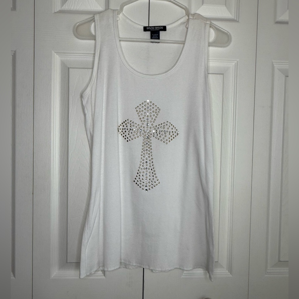 Vintage Y2K Bisou Bisou Tank Top Rhinestone Cross Design Ribbed Cotton Sz XL